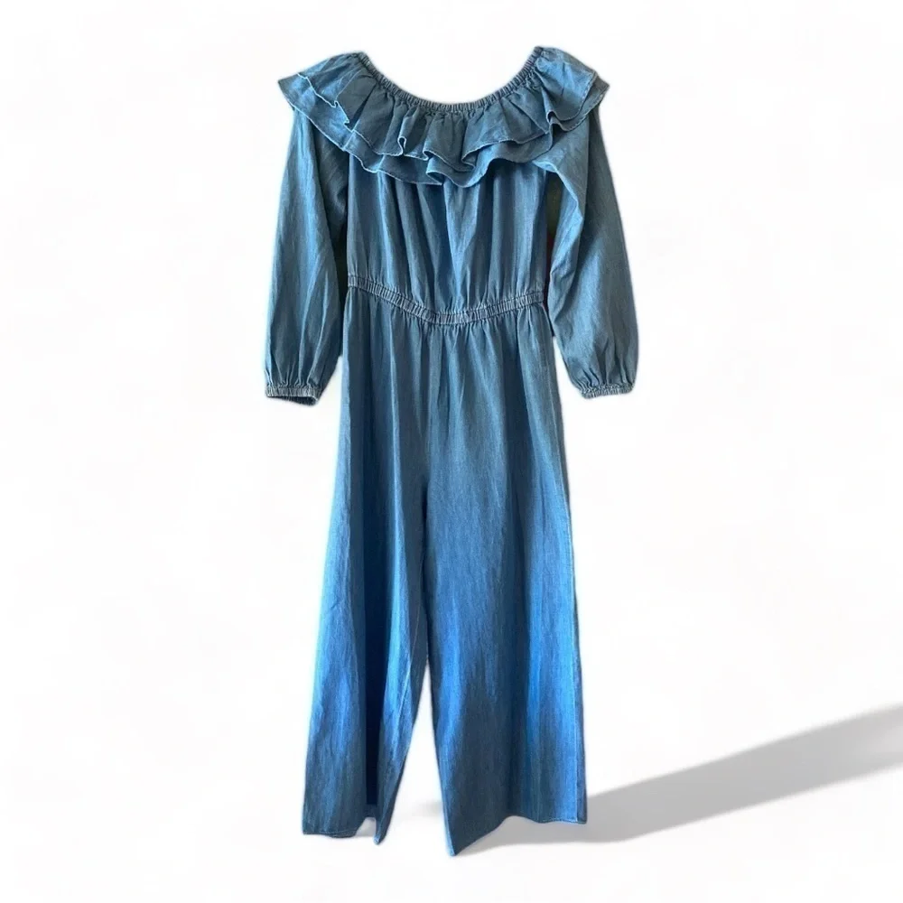 MICHAEL KORS Denim Chambray RUFFLE ON/OFF SHOULDER JUMPSUIT Small …Boho casual
